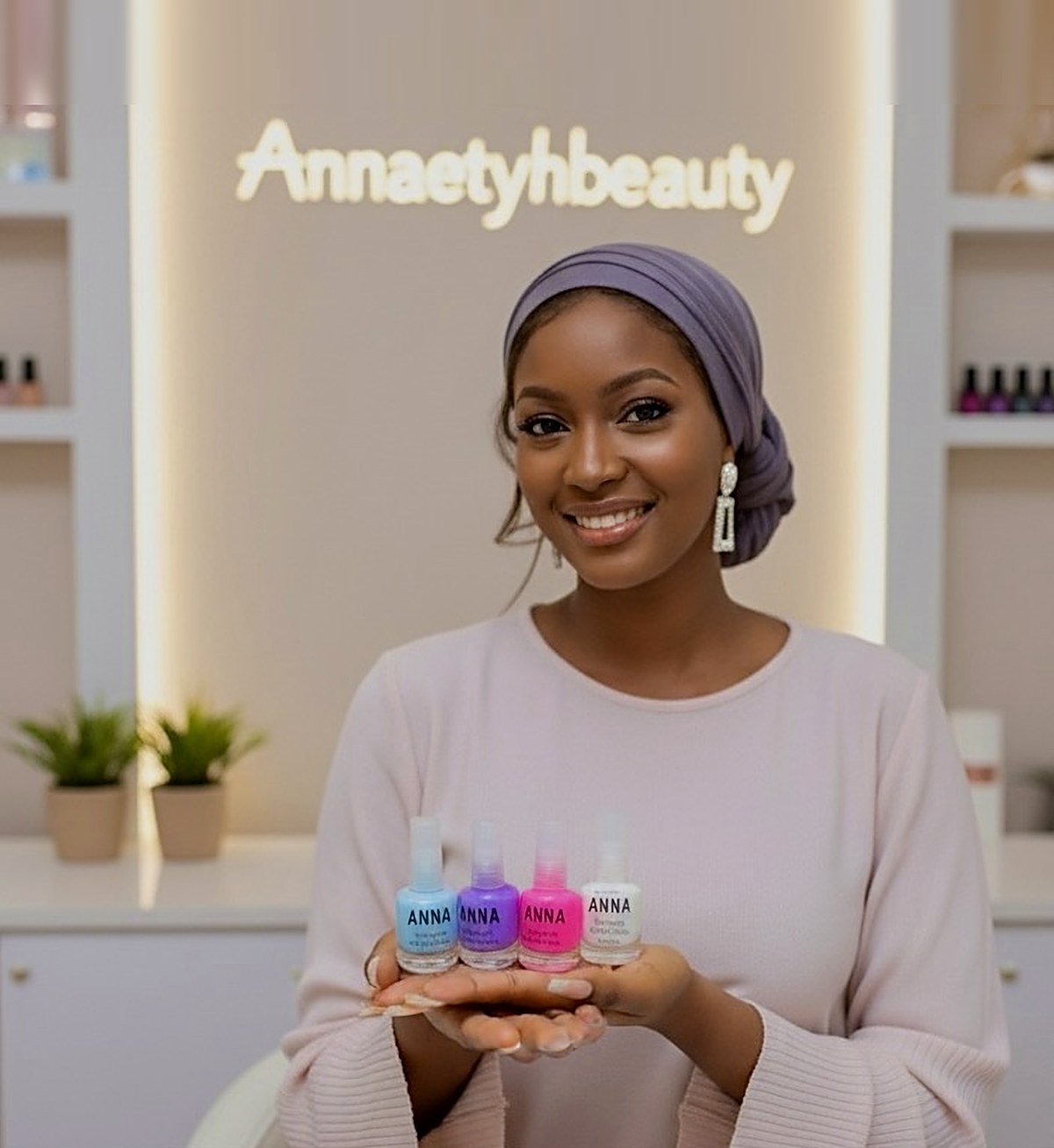 Une cliente tient quatre flacons Anna Vitamin Super Nail dans la boutique Annaetyhbeauty